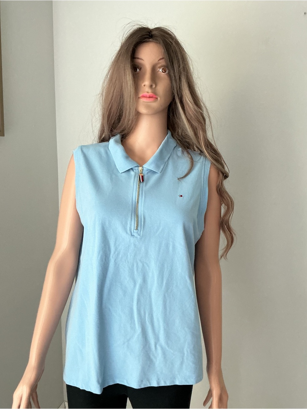 Tommy Hilfiger Light Blue Sleeveless Polo Top with Zip